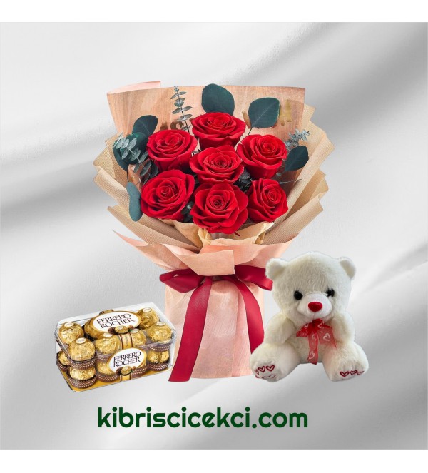 7 Kırmızı Gül Buketi 16'lı Ferrero Çikolata ve Ayıcık